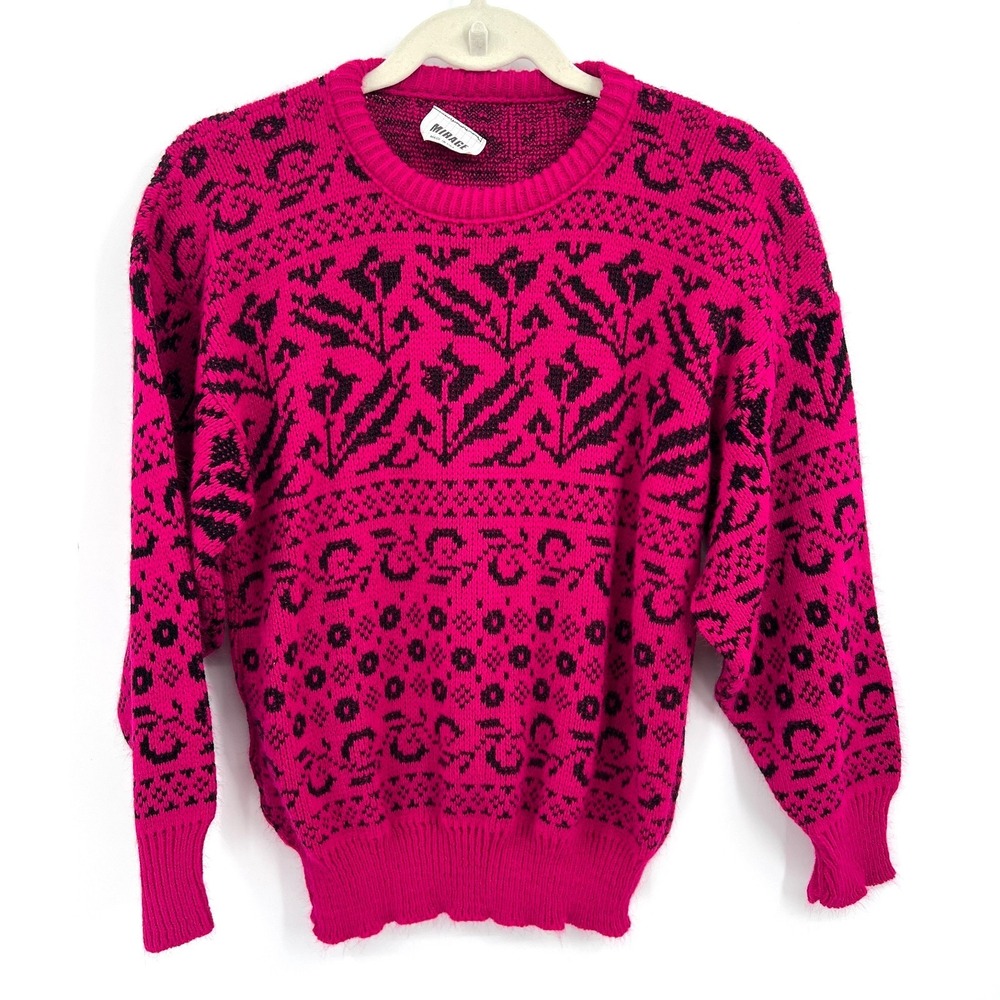 Vintage 80s Mirage retro geometric eclectic grandpa sweater hot pink indie S